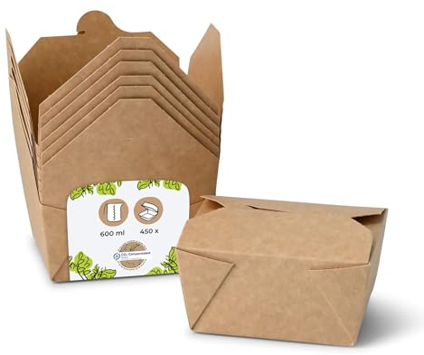 BIOZOYG Contenitore per Alimenti da Asporto I Scatola per Alimenti con Coperchio Pieghevole 600 ml I Scatola di Cartone Kraft compostabile marrone I 450 Vaschette di Cartone Monouso rettangolari