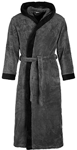 Di Vadini Unisex Herren Damen Bademantel Prato mit Kapuze I Morgenmantel flauschig I Nachtwäsche aus edler Mikrofaser Farbe: Grey/Black, Grösse: M