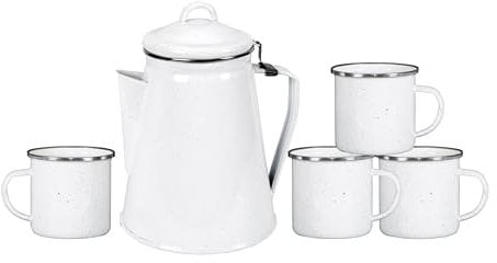 Stansport Enamel Percolator Coffee Pot & 4 Mug Set (11230-03), White