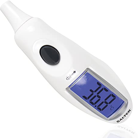Salter TE-150-EU - Termometro auricolare displ. grande, misur. all'orecchio, allarme febbre, risult. in 1 secondo, grande displ. LCD, spegnim. aut., 10 richiami in mem., indic. batt. scarica, bianco