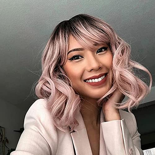 NOBLE Pink Wig with Bangs Short Ombre Pink Bob Wigs for Women Colorful Short Wavy Wigs Heat Resistant Synthetic Bob Wig with Dark Roots for Daily Party Use