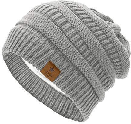 Durio Mütze Damen Winter Strickmütze Grobstrick Warme Beanie mit Innenfutter Hell Grau