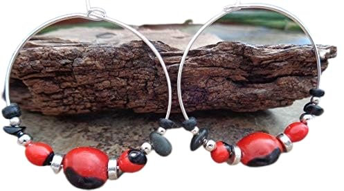 ✿ NATUR PALMSAMEN KOKOS STEIN SCHWARZ ROTE TRIBAL CREOLEN ✿ Südamerikanische Ohrringe, Bolivien, Huayruro, Inka Ohrringe