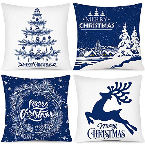 Whaline Merry Christmas Pillow Case White Blue Pillow Cover Snow Xmas Tree Reindeer Throw Cushion Cover Cushion Cases for Home Office Sofa Bed Christmas Party Decoration, 4Pcs, 18 x 18