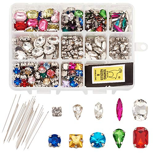 Cheriswelry Glasstrasssteine zum Aufnähen, in Krallenfassung, bunt, mit Nähnadeln, für Kunsthandwerk, Kleidung, Kleidung, Taschen, Dekorationen, 260 Stück