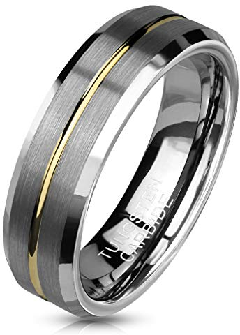 Paula & Fritz® Ring Damen Wolframcarbid Gebürstet Gr. 57 (18,1) Silber-Gold 6-mm Breit Herren-Ring Partner-Ring Damenring Verlobungs-Ring Ehering