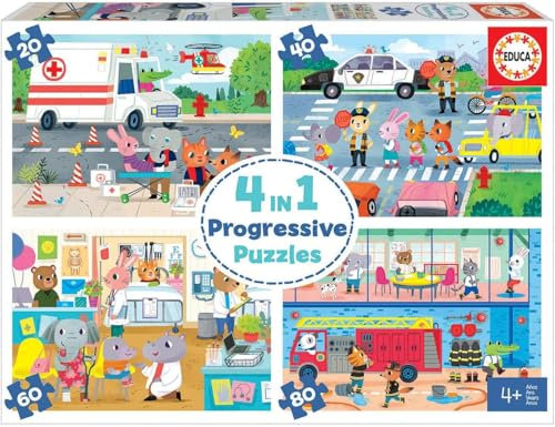 Educa - Alltagshelden, 4in1 Kinderpuzzle mit 20, 40, 60 und 80 Teilen, ab 4 Jahren, progressives Puzzle (18903)