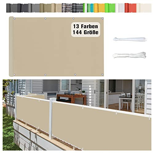 Stootrel Balkonschutz Balkonabdeckung, 80 X 550CM Blickdichte Balkonumspannungen Balkonabdeckung Wind&UV Schutz Wasserdicht Balkonumrandung mit Ösen und Kordel, Sandfarbe