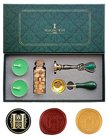 Ausgefallene Buchstaben H Wachssiegel-Stempelset, AMTOL Wachssiegel-Stempelset im europäischen Stil, Geschenkbox-Set, Vintage personalisierte Wachssiegel-Stempel für Briefkarten-Einladungen (H)