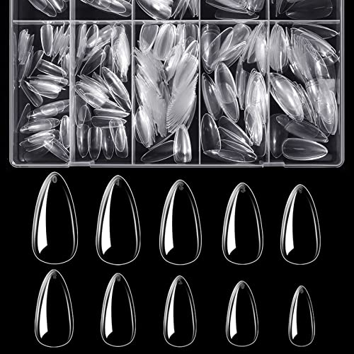 BTArtbox 500 Pieces Almond Tips for Nails Medium Full Cover Almond Nail Tips for Gel Nails Clear Acrylic Nail Tips Artificial Fingernails for Nail Salons and DIY Nail Art, 10 Sizes