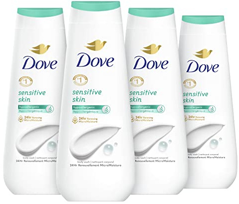 Dove Body Wash Sensitive Skin 4 Count Hypoallergenic, Paraben Free, Sulphate Free, Cruelty-Free, Moisturizing Cleanser Effectively Washes Away Bacteria While Nourishing Skin 20 oz