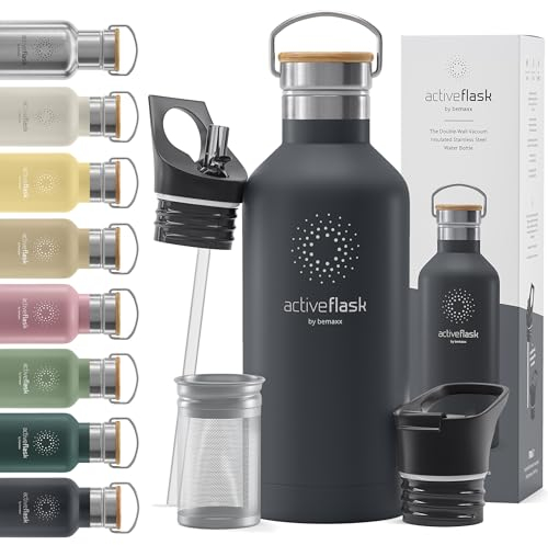Gourde Inox Isotherme ACTIVE FLASK 1l/500ml sans BPA + Paille (3 Bouchons) | Bouteille d’eau Acier Inoxydable Isolée, Thermos Réutilisable | Camping Velo Sport Running Randonnée Enfant, Café The