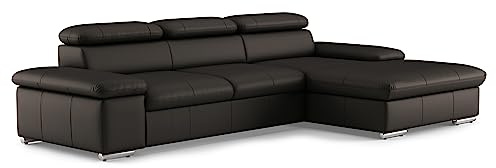 CAVADORE Leder-Schlafsofa Valerie mit XL-Longchair / Eckcouch mit Schlaffunktion, Kopfteilverstellung + großem Longchair / 286 x 73 x 174 / Echtleder Dunkelbraun