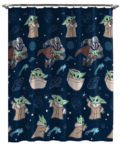 Jay Franco Rideau de douche en tissu Star Wars The Mandalorian Across The Galaxy Kids avec bébé Yoda-Grogu, 177,8 x 183 cm