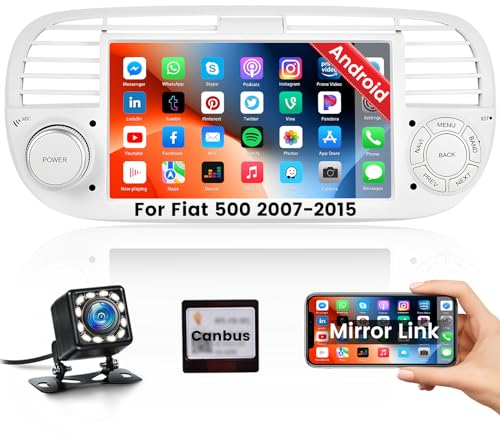 Hikity 1+32GB Android 15 Autoradio per Fiat 500 2007-2015 Radio 7 Pollici Touch Display Stereo Auto Bluetooth con Schermo WiFi Navi FM RDS Mirror Link SWC USB Telecamera di Backup