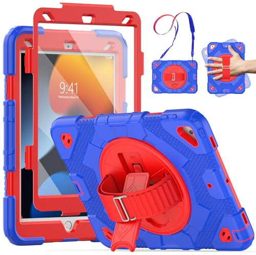 SEYMCY Schutzhülle für iPad 9. 8. 7. Generation 2021/2020/2019, iPad 10,2 Zoll stoßfeste Hülle mit Displayschutzfolie, 360 Grad drehbare Handschlaufe/Ständer, Schultergurt, Stifthalter, iPad 9/8/7