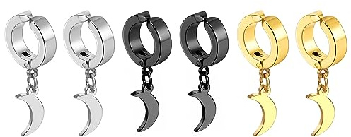 Flongo 3 Paare Creolen Ohrklemme Set mit Mond moon Anhänger silber gold schwarz Hoop Ohrringe Ohne Loch edelstahl non-piercing ohrklipp ear clips klipp clip klein earrings für Damen Herren mädchen