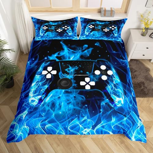 Boys Game Theme Bedding Blue Flame Double Size Decor Boys Kids Gaming Video Game Controller Duvet Cover Set Blue Black Game Gamer Gamepad Bedding for Teenage Men