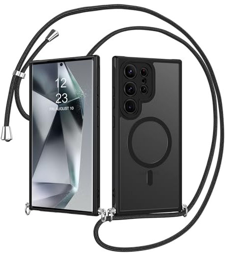 YINLAI Coque Magnétique pour Samsung Galaxy S24 Ultra 6.8 Pouces, Compatible avec MagSafe, Coque Samsung S24 Ultra avec Cordon, Étui Housse Antichoc Bumper Dos Translucide Mat, Noir