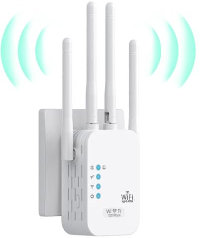 Repetidor WiFi Largo Alcance, Amplificador Señal WiFi 1200Mps 5GHz / 2,4GHz Dual-Band Anti-Jamming, Amplificador WiFi 4 Antenas, 2 Puertos LAN, Adecuado para Oficinas y Hogares, fácil de Configurar