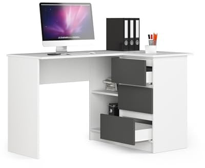 BDW Eckschreibtisch Rechts, 3 Schubladen und 2 Regale, viel Platz zum Entfalten, für Jugendzimmer, Büros und Ateliers, Winkelschreibtisch, Computertisch, Bürotisch 124x77x85 cm, Weiss/Grau