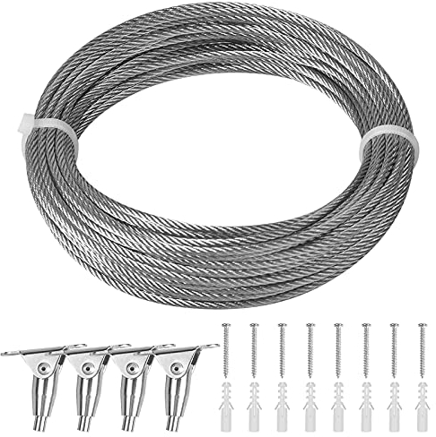 10m Cavo di Acciaio Inossidabile 2mm, Fune Metallica, Cavo Tenda Acciaio, Filo Regolabile Lampadario per Appendere Cornici Foto Vestiti Fino, con 4 Clip di Montaggio 8 Tubi di Espansione 8 Viti
