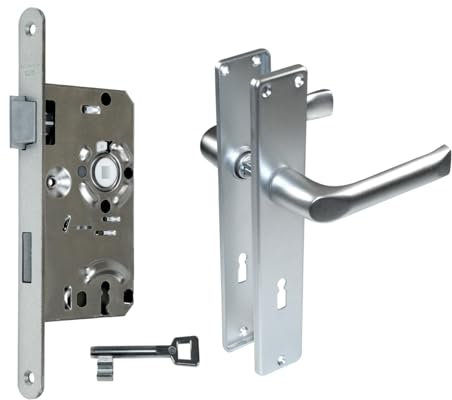 BKS Zimmertür/Wohnungstür/Badezimmer Komplett Set, inclusive Aluminium Schild Beschlag (BB Buntbartschlüssel, DIN LINKS, Langschild 215mm x 40mm)