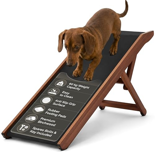 Paramount Essentials Dog Ramp | Adjustable Pet Ramp with Non-Slip Rubber Surface & Footing Pads | Secure & Portable with Arm Lock | Mobility Support for Dogs & Disabled Pets (Walnut)