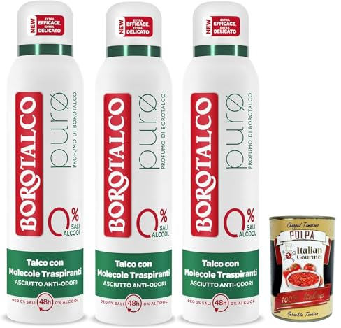 Borotalco, Deodorante Spray Puro, mit Talk mit atmungsaktiven Molekülen, Formel ohne Alkohol und Aluminiumsalze, trockene Anti-Podiums, 48 ​​Stunden Wirksamkeit 3x 150ml + Italian Gourmet polpa 400g