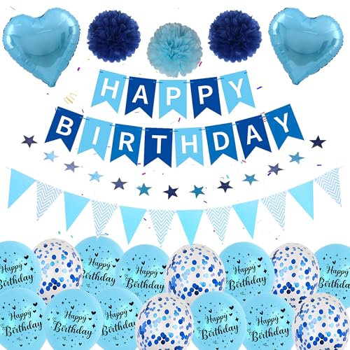 Blaues Luftballons Geburtstag Dekoration für Jungen - Happy Birthday Banner, Wimpel, 2m Sternen-Girlande, Blau Konfetti Ballons, Geeignet für alle Altersgruppen