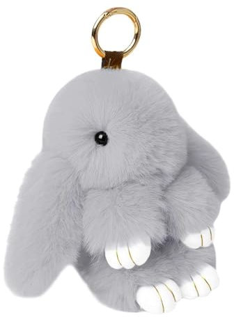 Bunny Schlüsselanhänger, flauschiger Hasen-Schlüsselanhänger, weich, niedlich, Rex-Kaninchenfell, Plüsch, Auto, Handtasche, Schlüsselanhänger, Taschenanhänger, Hellgrau
