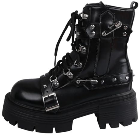Vintage Lace-up Scarpe Da Donna Heavy Metal Platform Low-top Punk Piccole Scarpe In Pelle Scuro Stivali Moto, Nero , 38 EU