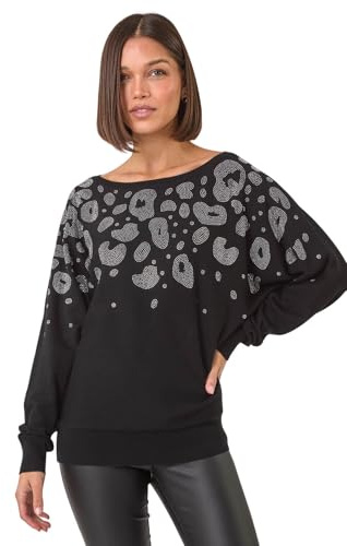 Roman Originals Women Diamante Embellished Jumper Ladies Sparkly Sequin Sweater Batwing Autumn Winter Sparkle Knit Knitwear Glittery Shiny Casual Evening Going Out Party - Noir Grey - Size 12