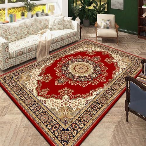 VARIKASHOM Teppich Deko Quadratisch,Red,160 x 160 cm, Gelb Rot Floral Orientalisches Dekor Vintage,Waschbarer rutschfest In- und Outdoor Teppiche Modern Muster,
