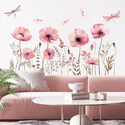 HPNIUB Wandtattoo Rosa Blumen Wandaufkleber Libelle Wandtattoo Schlafzimmer Erwachsene Wandsticker Blumen Wandsticker Wanddeko für Wohnzimmer Schlafzimmer Sofa Hintergrund