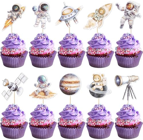 Xsstarmi Cupcake-Topper mit Weltraum-Astronauten-Motiv, Rakete, Planet, Raumschiff, Cupcake-Picks, Trip to the Moon Thema, Kuchendekorationen für Babyparty, Hochzeit, Geburtstag, Partyzubehör, 40
