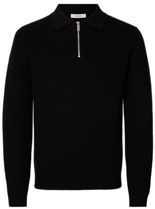 SELECTED HOMME Herren Slhdane Ls Knit Struc Half Zip Polo Noos, Black, Large