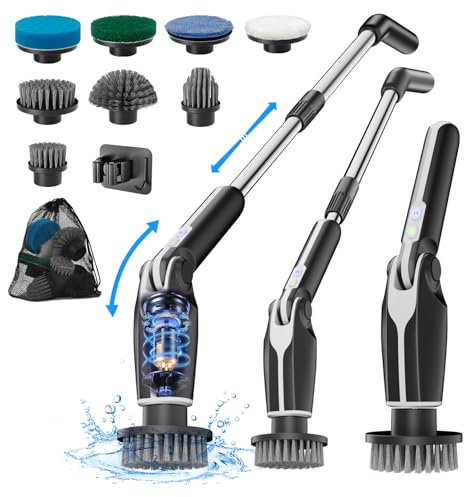 Electric Spin Scrubber, NEW Upgraded Electric Scrubbing Brush with Adjustable Handle & 8 Replaceable Heads, Remote Control Electric Scrubber for Bathtub,Tile,Kitchen,Glass-Black and White