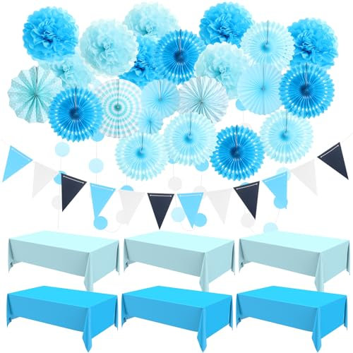 Fullhawl 27 Pcs Navy Blue Party Decoration, 6 Pcs Disposable Tablecloth 21 Pcs Hanging Paper Fans, Pom Poms Flowers, Garland String Polka Dot and Triangle Flag Set for Birthday, Wedding