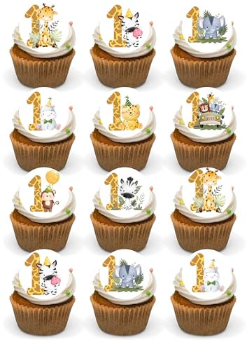 1st Happy Birthday Boys or Girls Jungle Safari Cake Decorations -24 Precut Edible Wafer Card Cup Cake Toppers