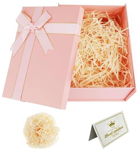 Geschenkbox Große mit Deckel 29 x 21 x 10.5cm, Geschenkbox Rosa | Geschenkkarton mit Schleifen, Grußkarten, Raffia Hamper Shreds für Hochzeit Geburtstag Weihnachten Valentinstag Halloween