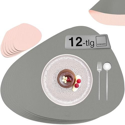 SÄNGER | Untersetzer & Platzsets abwaschbar aus Kunstleder 12 teilig, Platzdeckchen Tischuntersetzer für 6 Personen-rutschfest doppelseitig wasserdicht- Tischset Untersetzer Rosa Grau 44 * 37cm