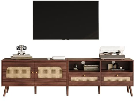 I0I&I0I Mobile TV per TV da 80 pollici – Mobile basso con ante in rattan & cassetti – Mobile TV marrone – Credenza con spazio – Mobile TV moderno con 8 piedini in legno in truciolato (200 x 37 x 49,5