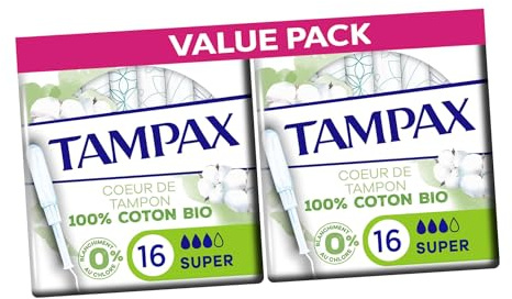 Tampax Cotton Protect Super Organic Tampons 32 Tampons (2 x 16 Stück) - Bio-Baumwollkern mit MotionFit-Applikator und LeakGuard-Geflecht für mittleren bis starken Durchfluss