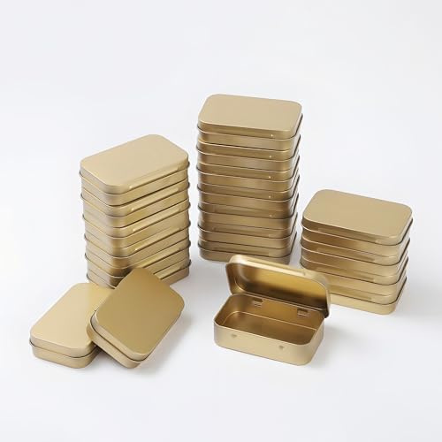 LJY Gold Hinged Metal Tins, 20 Pack, 3.7 x 2.4 x 0.9 in | The attached lid keeps the base and top together during sorting and workstation access