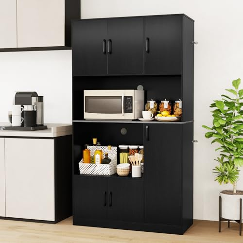GIANTEX Armoire de cuisine avec station de charge, armoire de buffet avec prises et ports de type C et USB, armoire haute avec compartiment pour micro-ondes, armoire de rangement, multifonction, 100 x