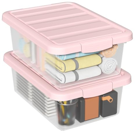 Waikhomes 2 Pack 16 L Under Bed Latching Box, Clear Box with Pink Lid | Storage Bin, Stackable Nestable Home Office Containers, Space-Saving Storage for Clothes, Shoes, Bedding