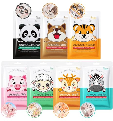 7 Stück Tierdesign Gesichtsmasken,Gesichtsmaske Feuchtigkeitsspendende Tuchmasken Gesicht Frau Geschenke, Beauty Adventskalender Geschenkset,Beruhigend Hautpflege Geschenkset