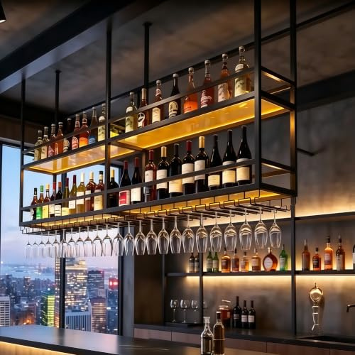 FKKPRVAX 150CM Deckenregal Weinregal mit LED, 2-Lagiger Hängeregal aus Acryl mit Glashalter und transparenten Ablagen Decke Dekoration Regal für Bars, Restaurants, Küchen