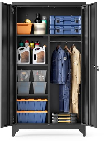 SONGMICS Armadio Multiuso, Guardaroba, Mobile da Ufficio in Metallo, con 2 Ante, 5 Scomparti, Barra Appendiabiti, Chiusura a Chiave, Piedini Alti, 80 x 40 x 165 cm, Nero Opaco OMC018BD01